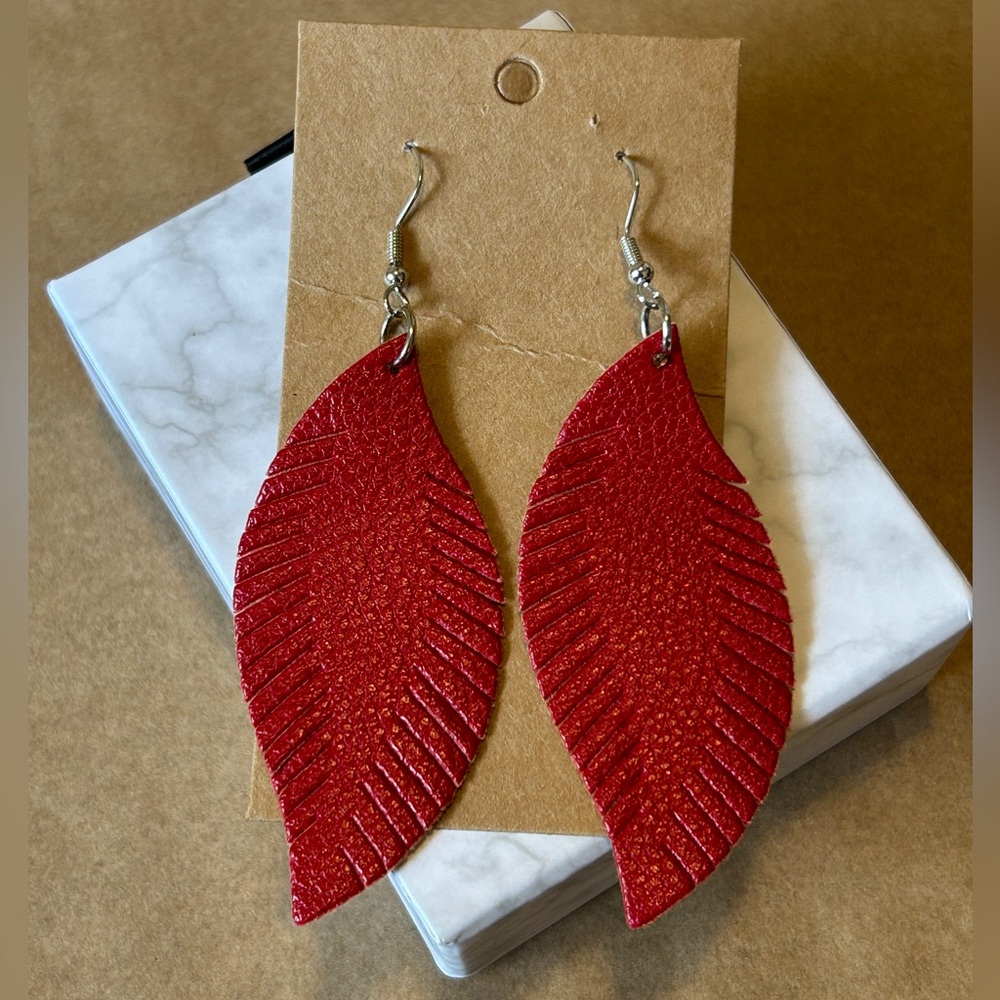 Red Fringe Leaf Dangle Earrings